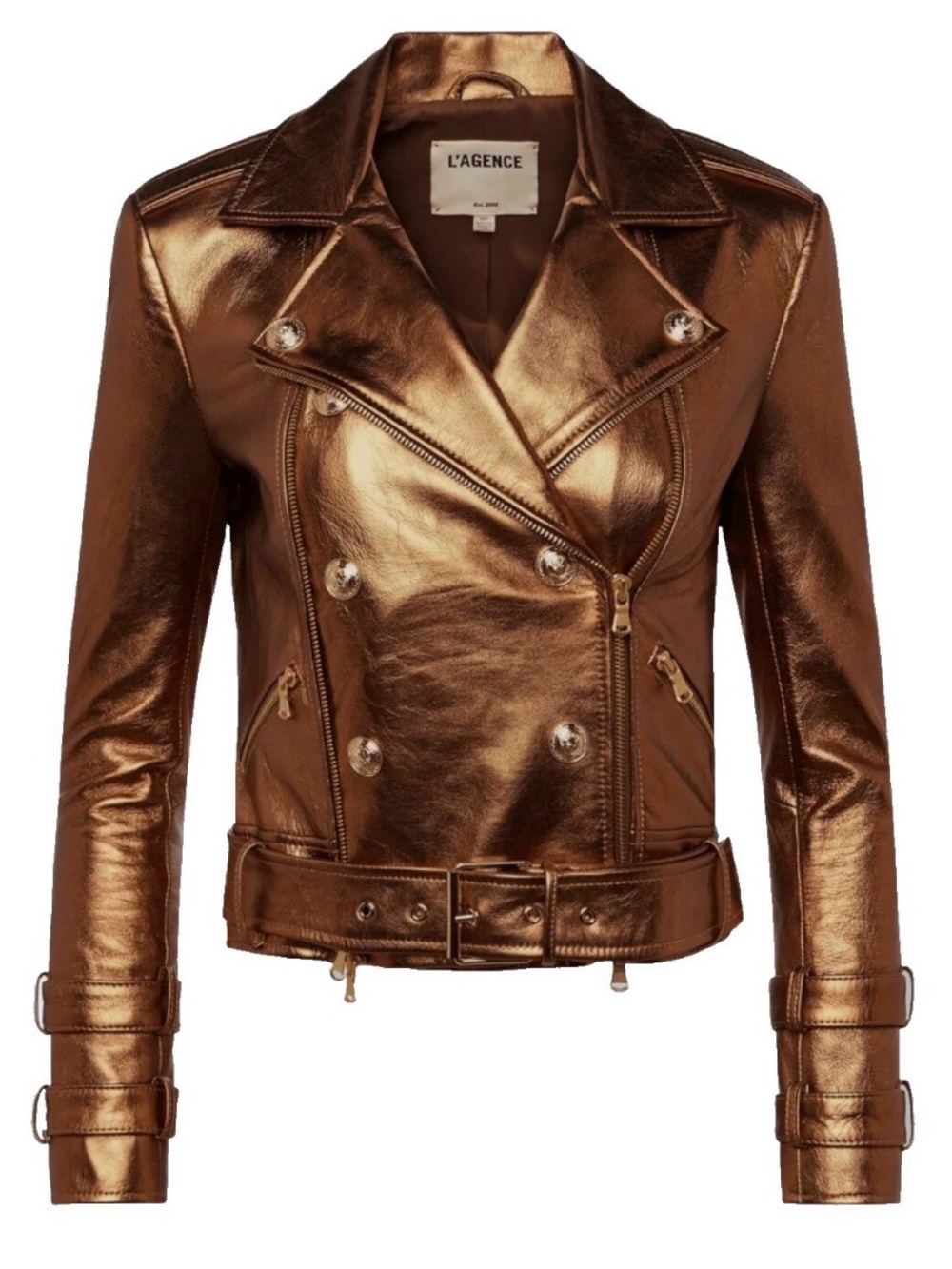 L'Agence Small Billie belted leather jacket in a metallic bronze finish